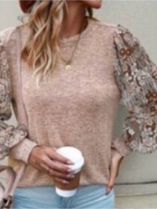 Tops - Lace-Sleeve Knit Pullover Top in Blush